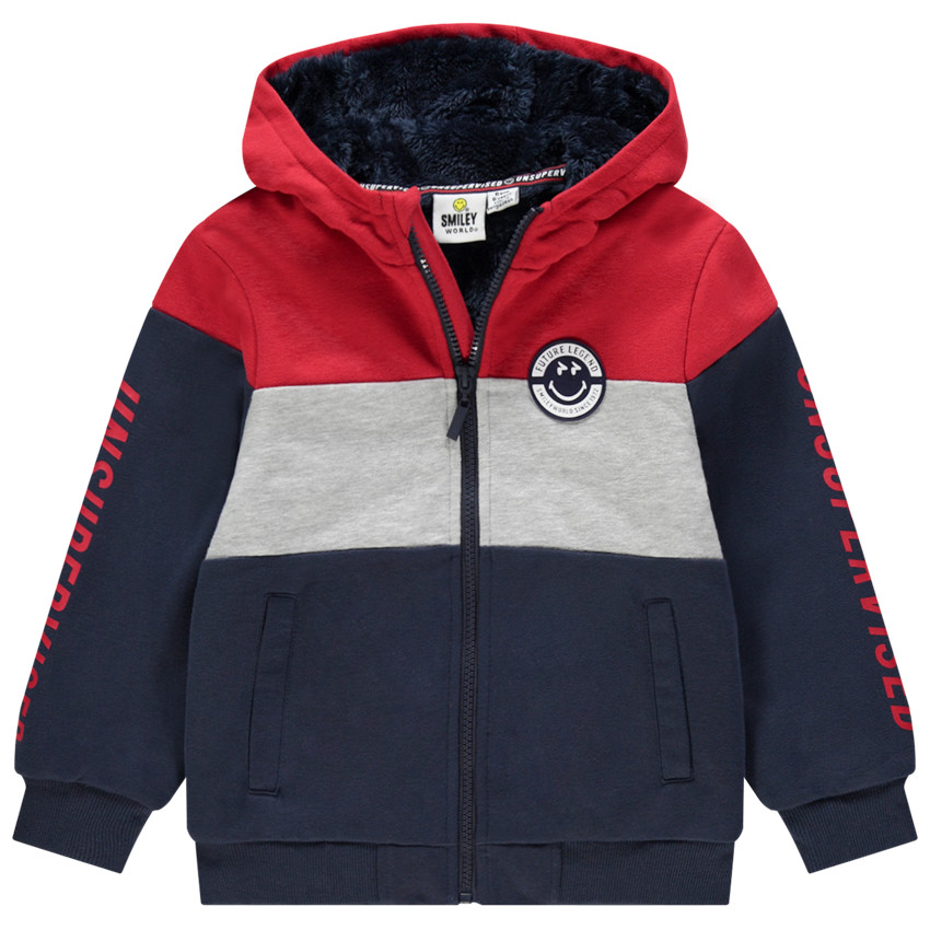 Ζακέτα τρίχρωμη με κουκούλα με επένδυση sherpa badge SmileyWorld  Additional Ζακέτα τρίχρωμη με κουκούλα με επένδυση sherpa badge SmileyWorld