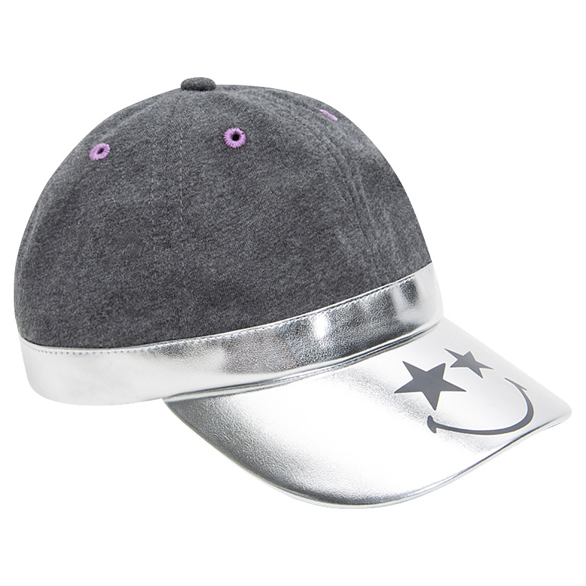 Καπέλο από δύο υλικά με ασημί γείσο και στάμπα Smiley 