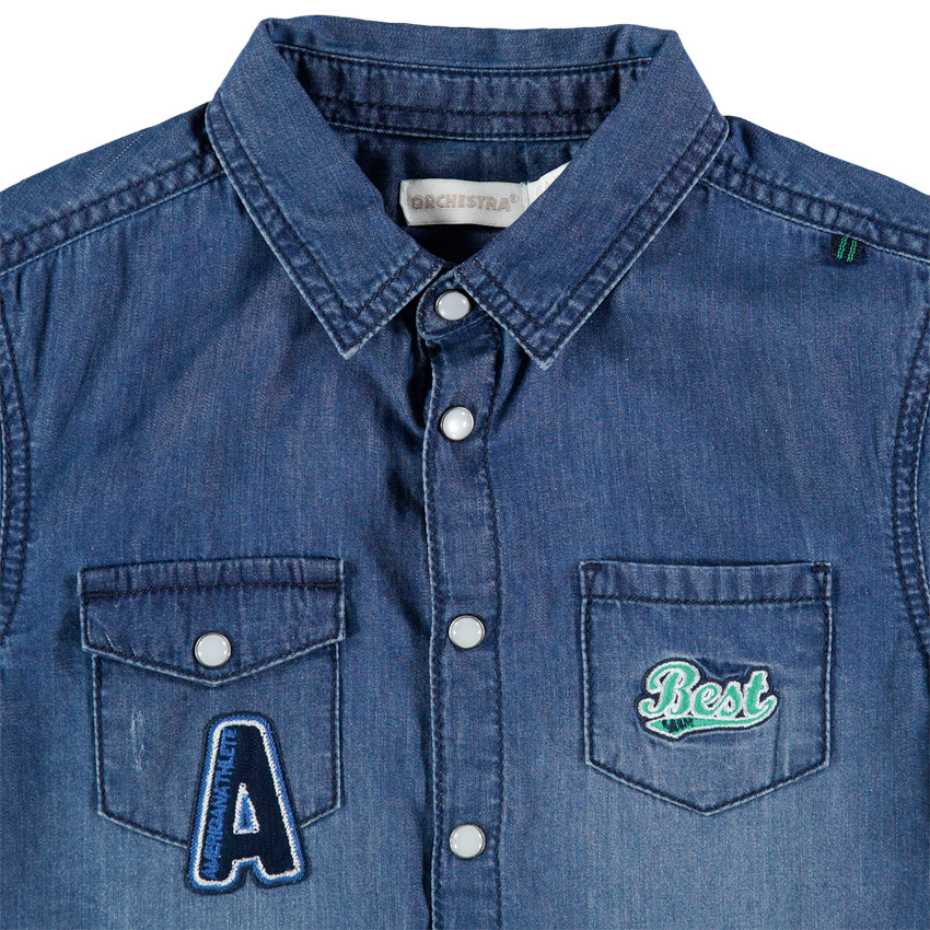 Κοντομάνικο τζιν πουκάμισο με used όψη, τσέπες και κεντήματα 