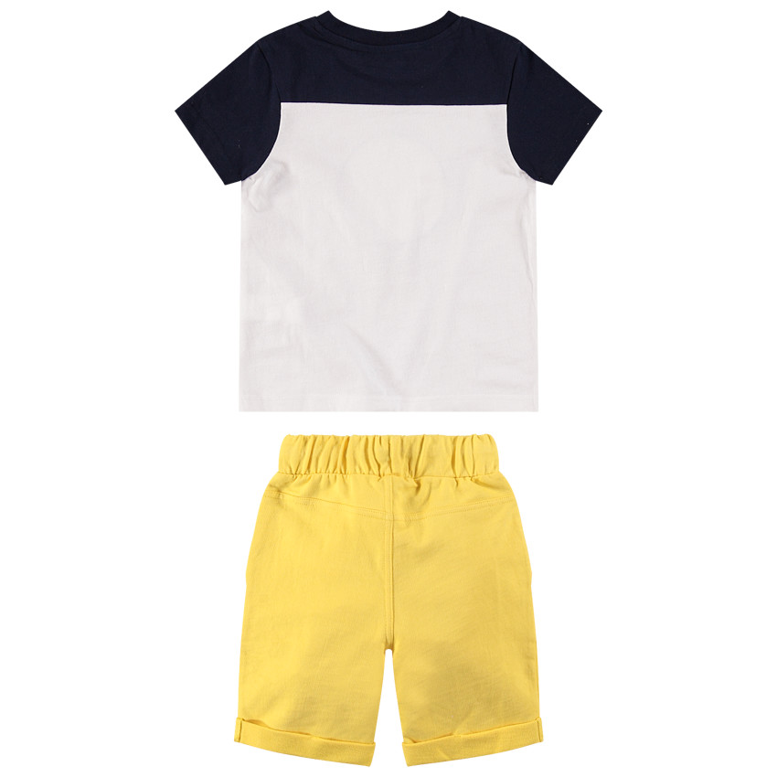 Σύνολο δίχρωμη κοντομάνικη μπλούζα με στάμπα και μονόχρωμη κίτρινη βερμούδα 
