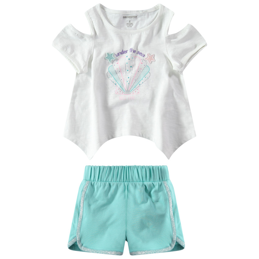 Σύνολο με σχέδιο κοχύλια και σορτσάκι με ασημί τελείωμα. 