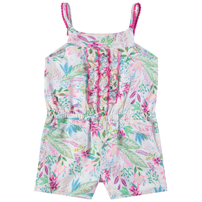 Κοντή ολόσωμη φόρμα με λουλούδια σε όλη την επιφάνεια και φρου φρου 