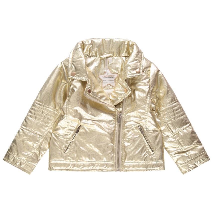 Perfecto métallisé à rivets dorés et poches zippées 