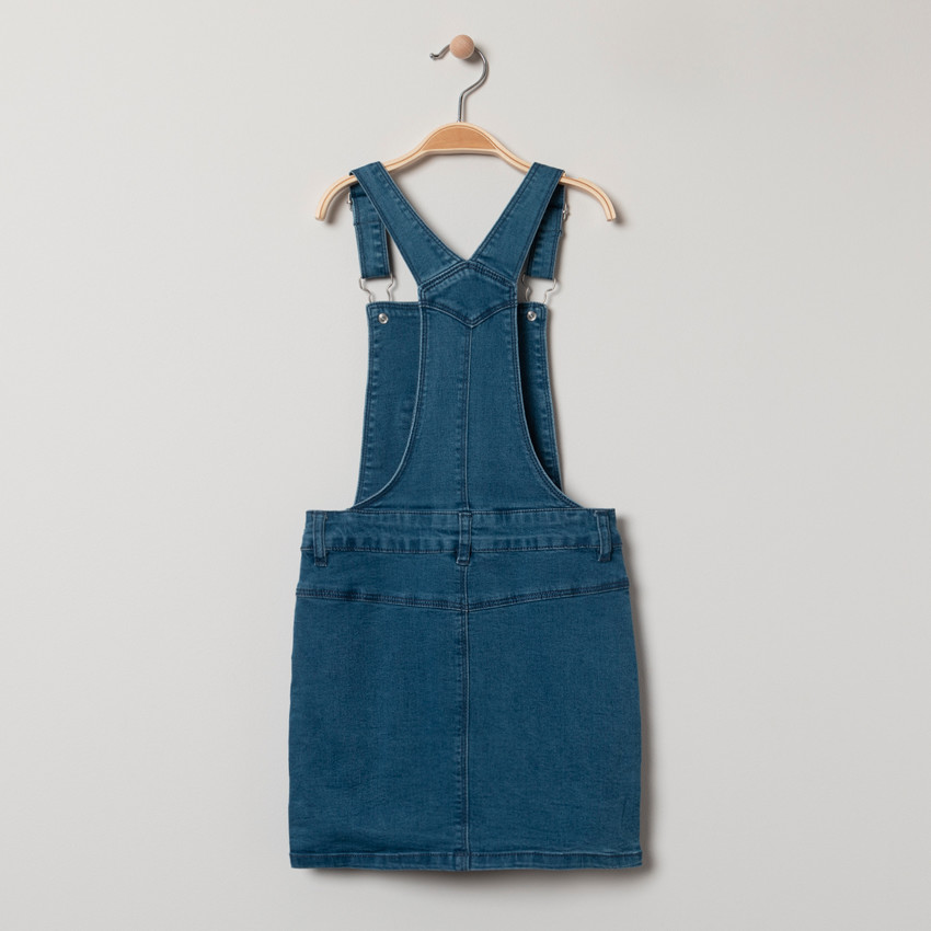 Τζιν φόρεμα σαλοπέτα με used όψη και τσέπη σε σχήμα σύννεφου και κεντήματα 