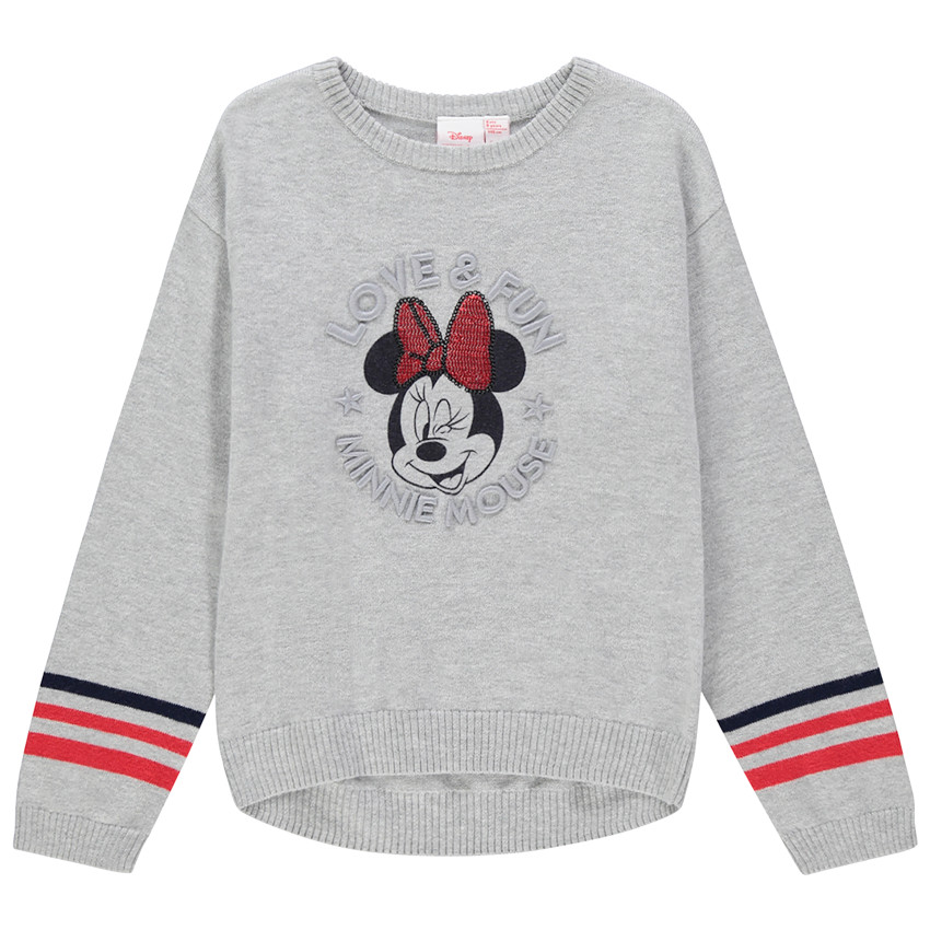 Pull gris à bandes contrastées et motif Minnie Disney 