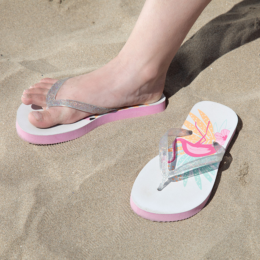 Tongs à bride pailletée print flamant rose pour fille avec lanière selon l'âge 