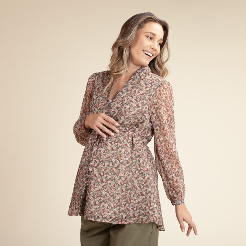 Πουκάμισο θηλασμού από βαμβακερό voile με λουλουδάτο σχέδιο 