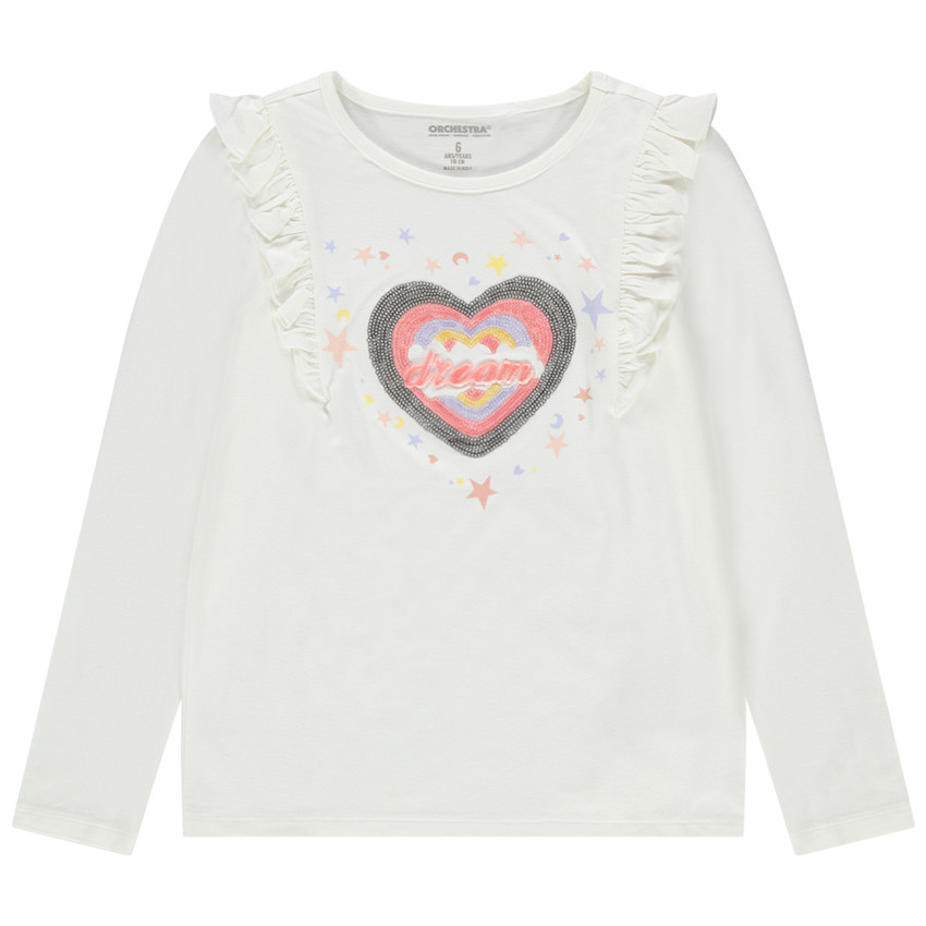 T-shirt manches longues uni avec coeur brillant et volants   Additional T-shirt manches longues uni avec coeur brillant et volants