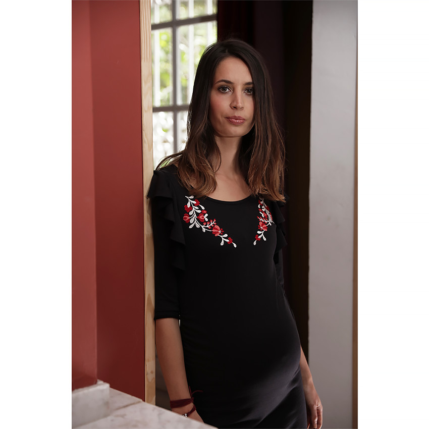 Φόρεμα εγκυμοσύνης με μανίκια 3/4, βολάν και κεντημένα λουλούδια  Additional Φόρεμα εγκυμοσύνης με μανίκια 3/4, βολάν και κεντημένα λουλούδια