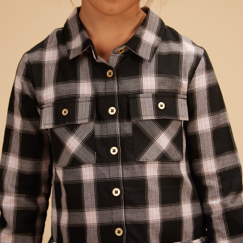 Robe chemise à carreaux en voile pour fille 