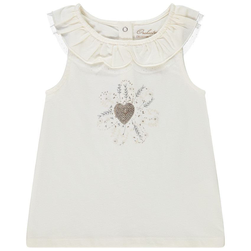 Μπλουζάκι αμάνικο με βολάν και print με παγιέτες για bebe κορίτσι 