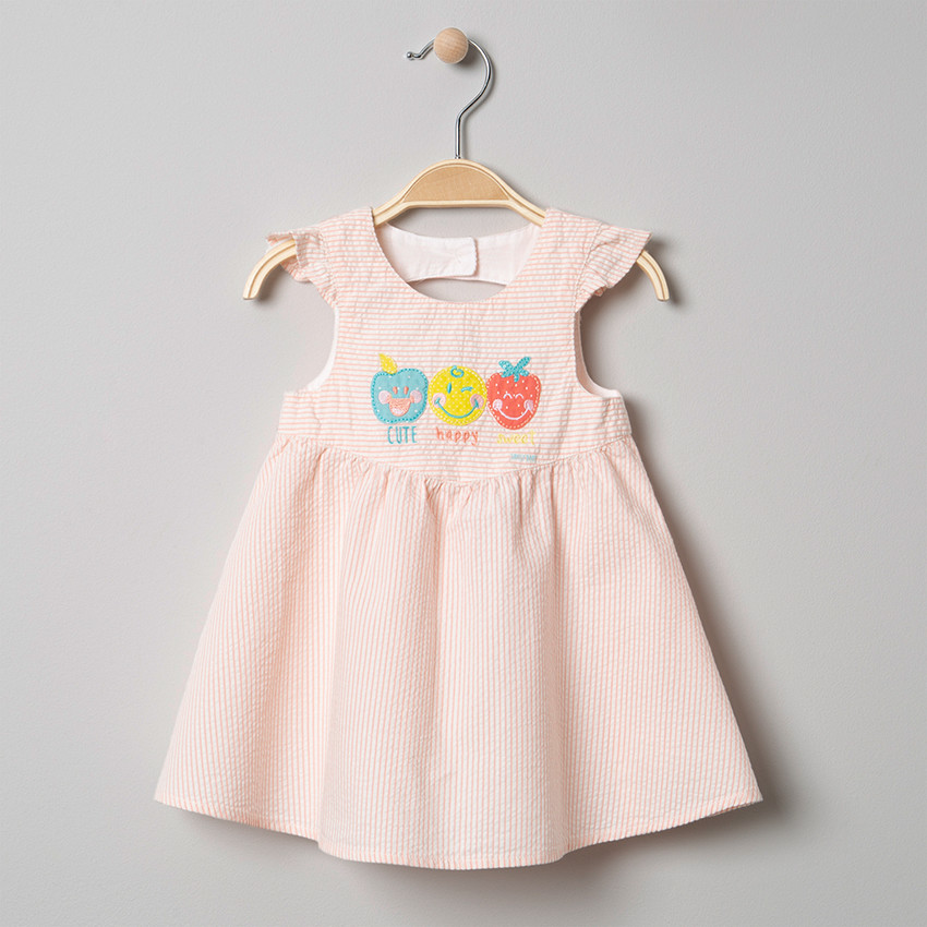 Φόρεμα αμάνικο σε broderie ριγέ με φρούτα και Smiley κέντημα 