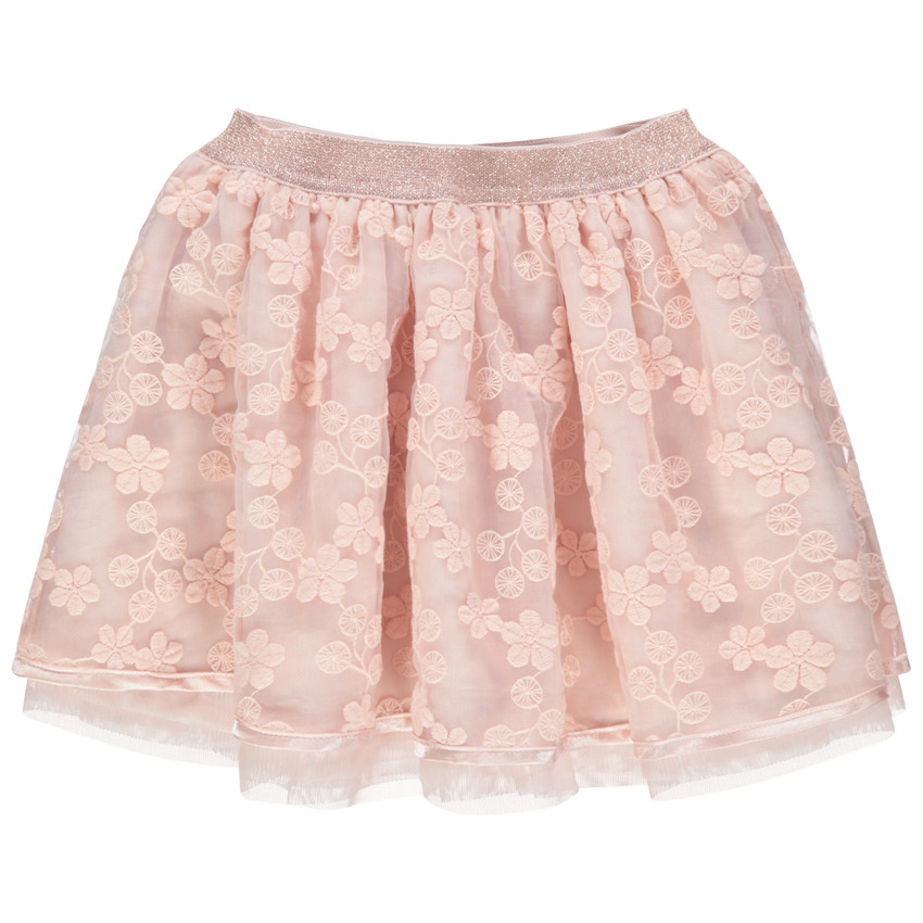 Κοντή φούστα από τούλι με κεντημένα λουλούδια και μεταλλιζέ ζώνη στη μέση 