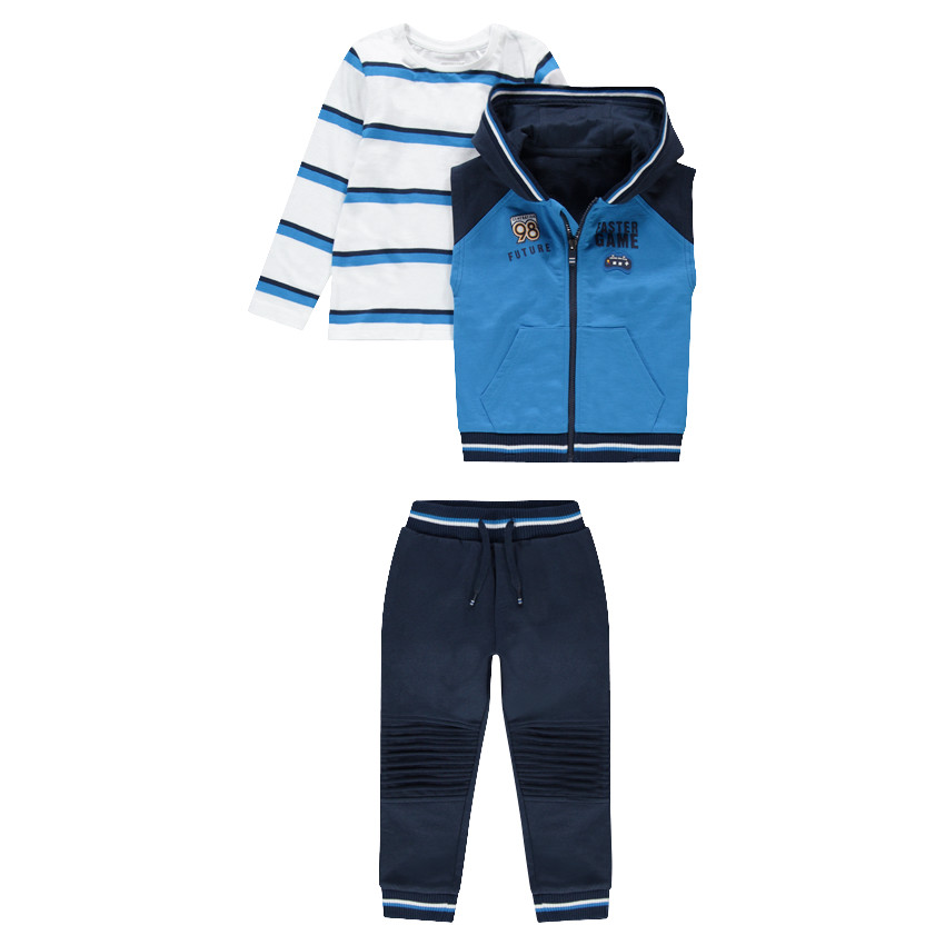 Φόρμα 3 τεμαχίων με ριγέ μπλούζα, αμάνικη ζακέτα και μονόχρωμο παντελόνι 