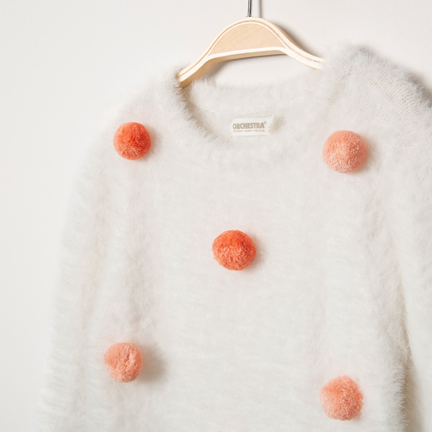 Robe manches longues en tricot effet poil et pompons 
