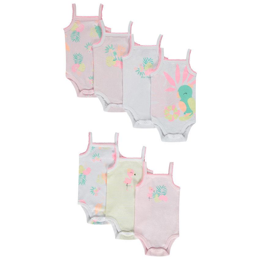Σετ από 7 αμάνικα μπλουζάκια με σχέδιο τροπικά πουλιά για κορίτσι μωρό 