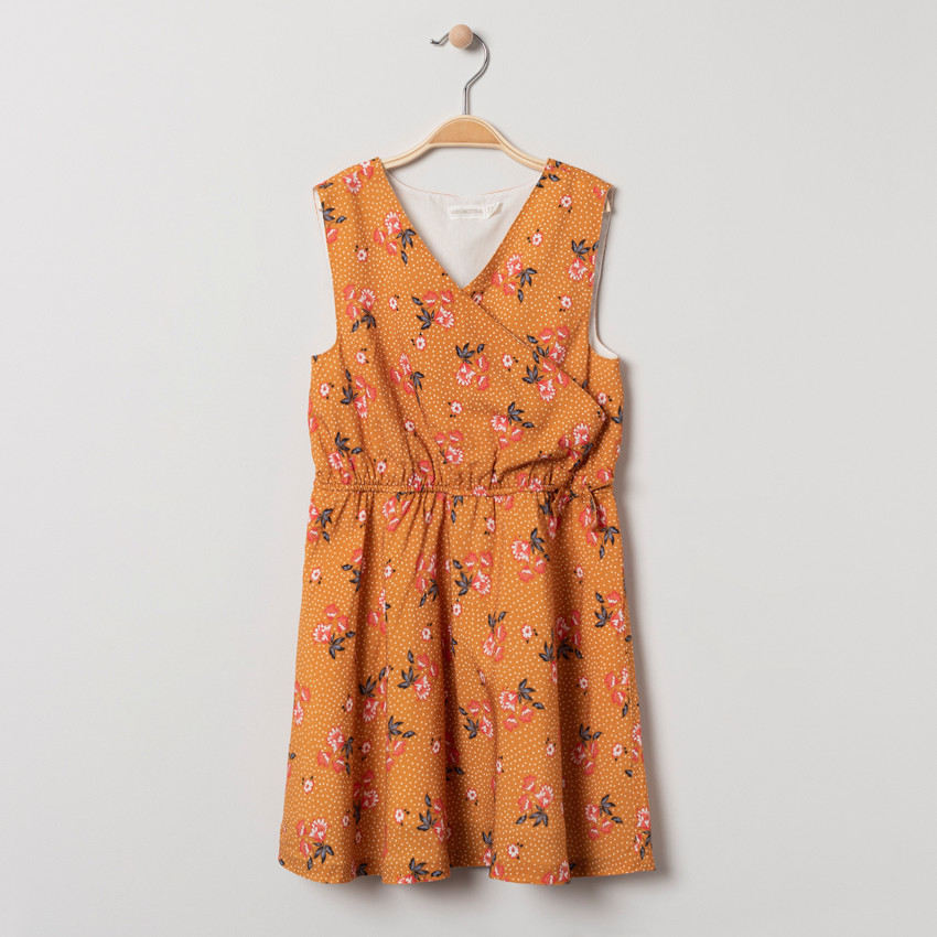Robe sans manches à col croisé imprimée pois et fleurs  