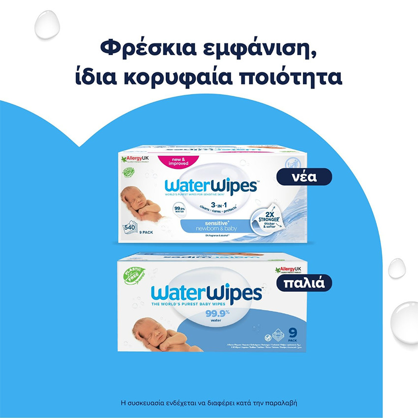 WaterWipes Οικολογικά Μωρομάντηλα με 99,9% Νερό, 9x60τεμ 
