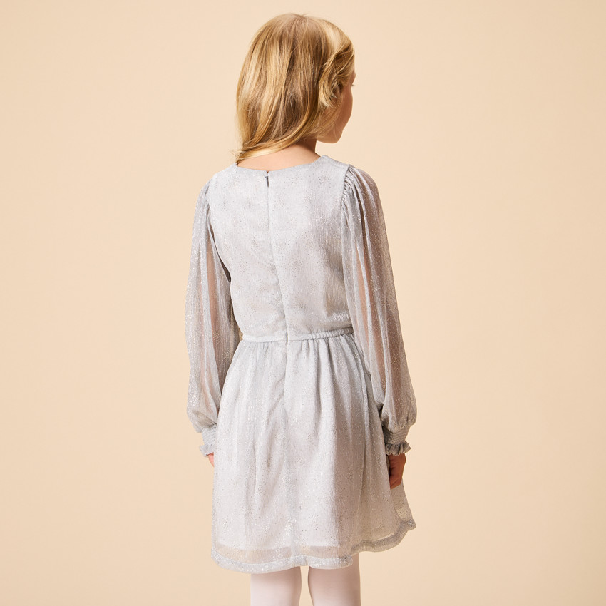 Γιορτινό φόρεμα ασημί με μακριά φουσκωτά μανίκια για κορίτσι 