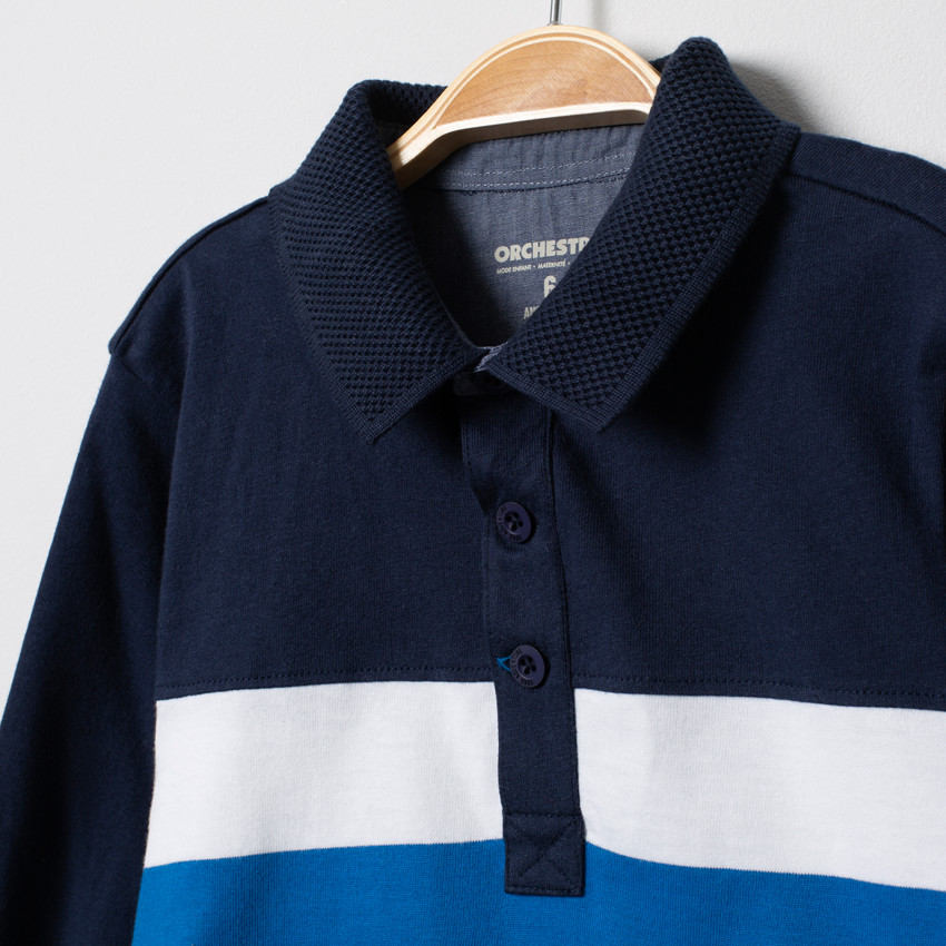 Polo manches longues à bandes contrastées et col texturé 