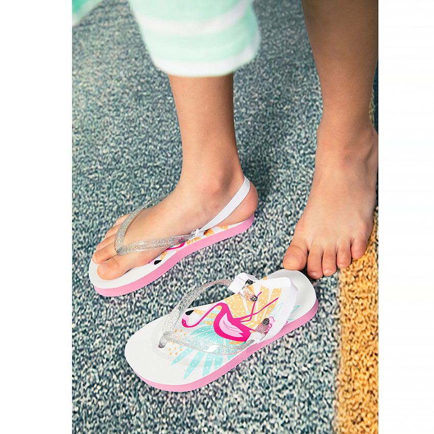 Tongs à bride pailletée print flamant rose pour fille avec lanière selon l'âge 