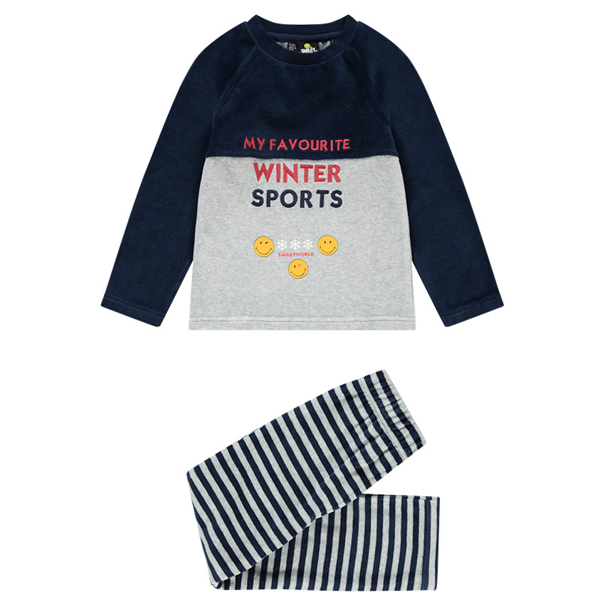 Δίχρωμη βελουτέ πιτζάμα με τυπωμένες φράσεις και στάμπες ©Smiley 