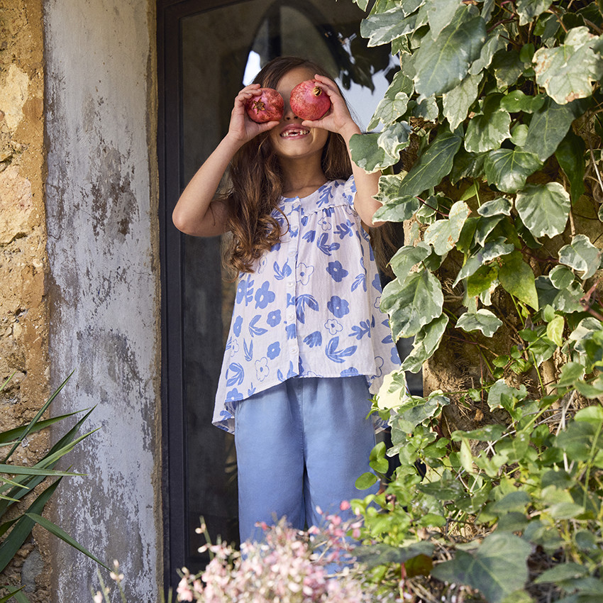 Πουκάμισο λουλουδάτο με γαζί pompon για κορίτσι 