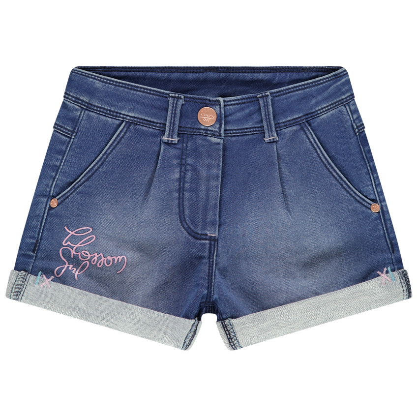 Τζιν σορτς με used όψη και τυπωμένο μεταλλιζέ μήνυμα 