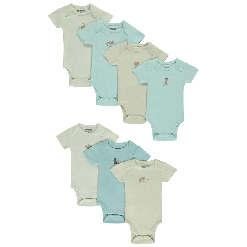 Σετ από 7 κοντομάνικα κορμάκια print γάτα για bebe 