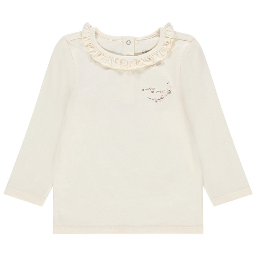 T-shirt manches longues à col volanté et inscription brodée 