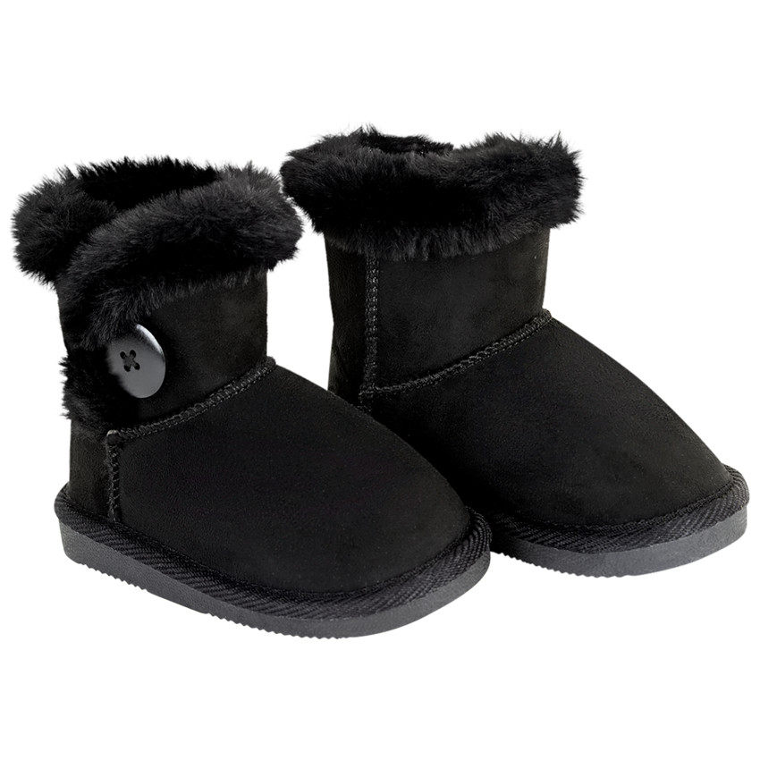 Μαύρες μπότες από σουέντ με λεπτομέρειες από γούνα και φανταστικό κουμπί για κορίτσι 