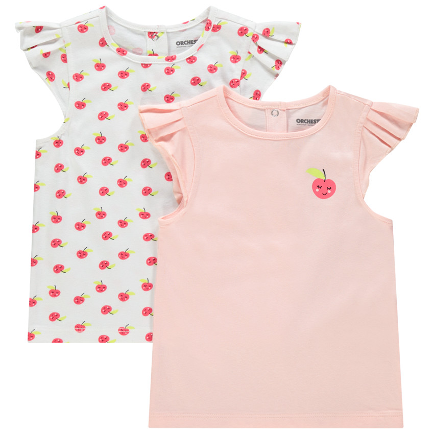 Σετ από 2 t-shirts μονόχρωμο/εμπριμέ με βολάν στα μανίκια 