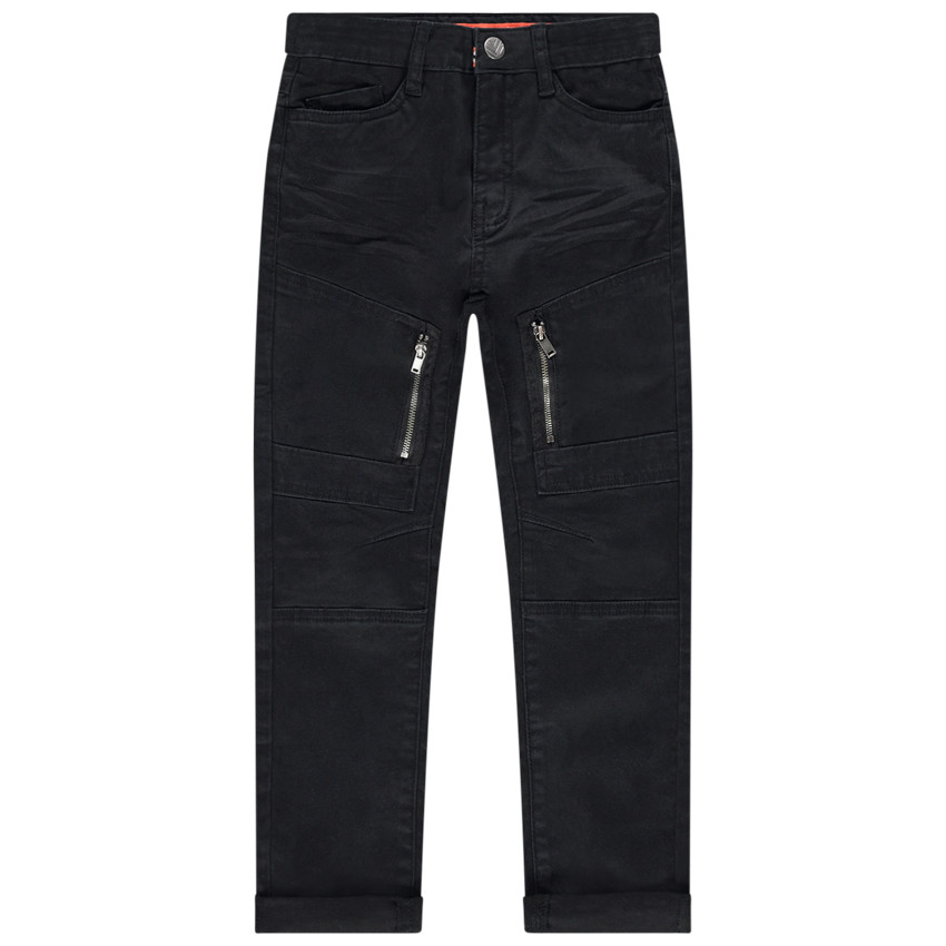 Μαύρο τζιν με μόνιμες τσακίσεις, φερμουάρ και ραφές 