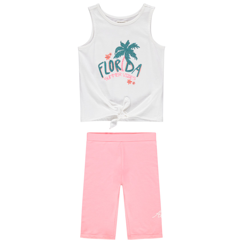 Σύνολο αμάνικη μπλούζα με πούλιες και ροζ ποδηλατική βερμούδα 