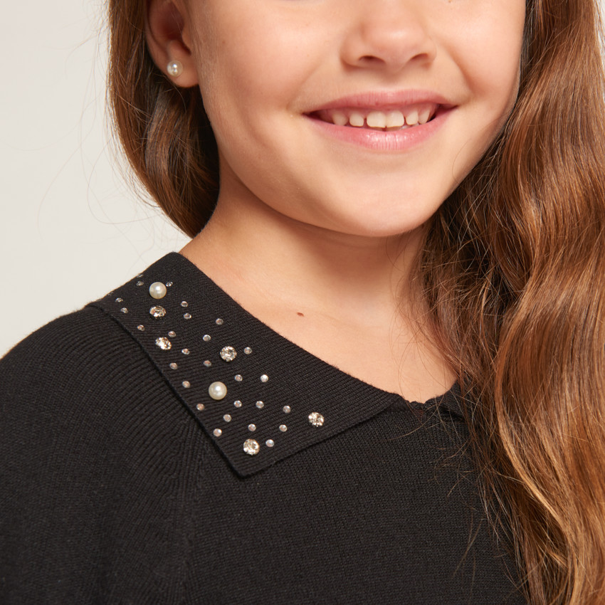 Robe unie en tricot et col claudine à strass pour fille  