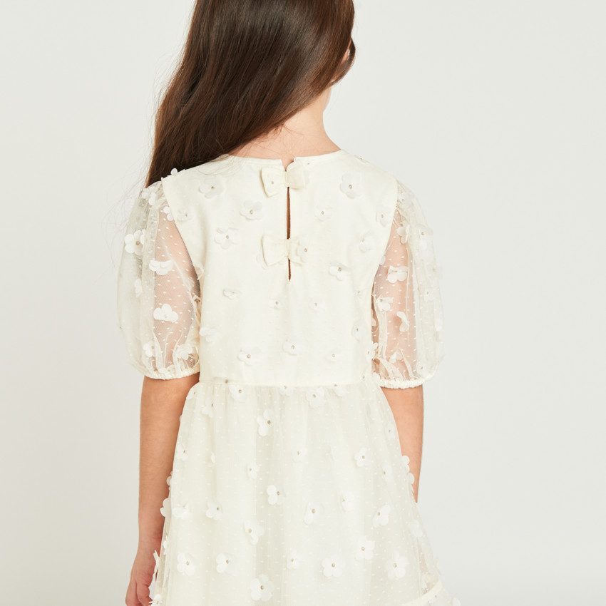 Ρόμπα με κοντά μανίκια από καμβά με 3D λουλούδια για κορίτσι 