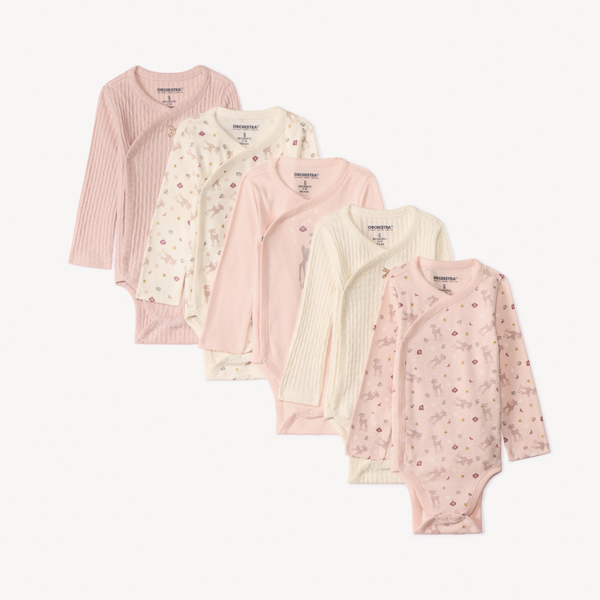 Σετ 5 μακρυμάνικα bodies jersey με σχέδιο Faon για bebe κορίτσι με διαφορετικό άνοιγμα ανάλογα με την ηλικία 