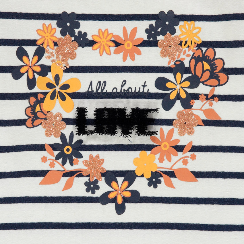 T-shirt manches longues à rayures et coeur en fleurs 