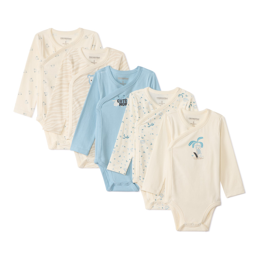 Lot de 5 bodies manches longues fantaisie pour bébé avec ouvertures différentes selon l'âge 