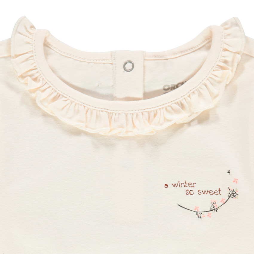 T-shirt manches longues à col volanté et inscription brodée 