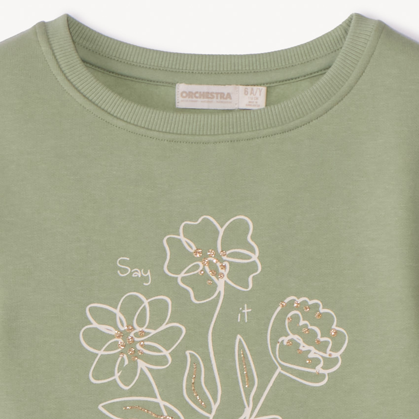 Φούτερ molleton μονόχρωμο με φαντεζί σχέδιο και glitter για κορίτσι 