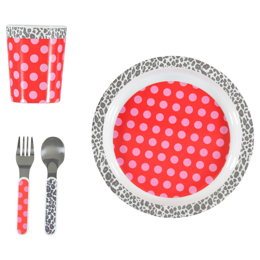 Set repas 4 pièces pour bébé avec imprimés pois et panthère  Additional Set repas 4 pièces pour bébé avec imprimés pois et panthère