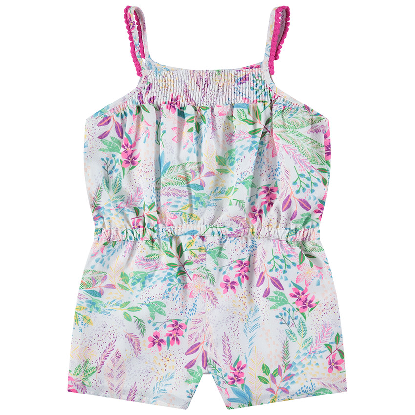 Κοντή ολόσωμη φόρμα με λουλούδια σε όλη την επιφάνεια και φρου φρου 