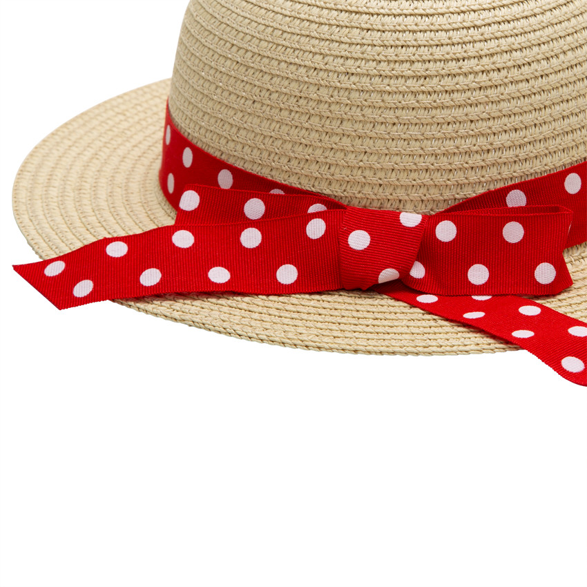 Καπέλο με όψη ψάθας και πουά κορδέλα 