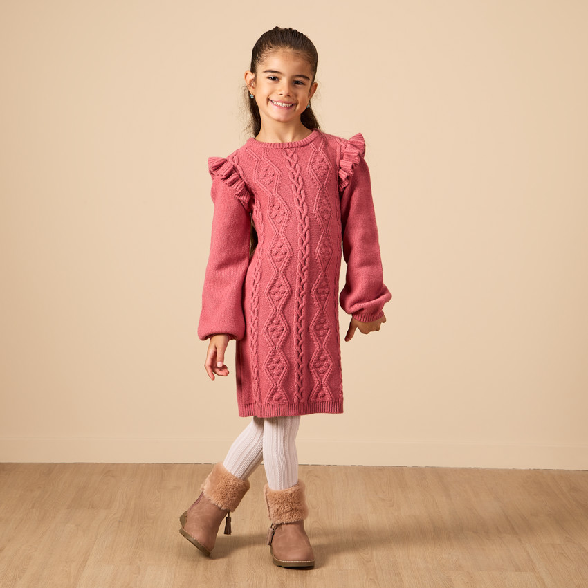 Φόρεμα μακρυμάνικο με βολάν από πλεκτό για κορίτσι 