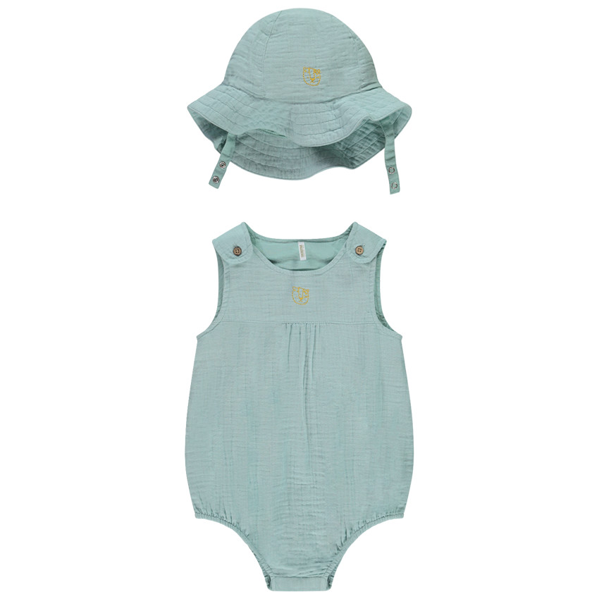 Κοντή ολόσωμη φόρμα χωρίς μανίκια με κέντημα + καπέλο για bebe αγόρι 