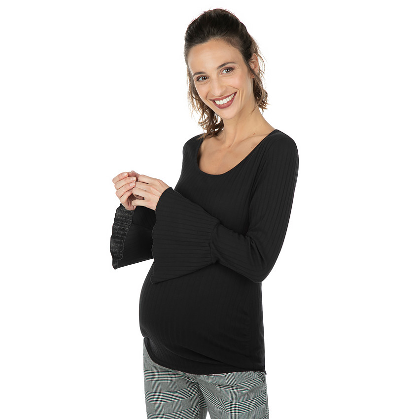 Μακρυμάνικη ριμπ μπλούζα εγκυμοσύνης με εβαζέ μανίκια 