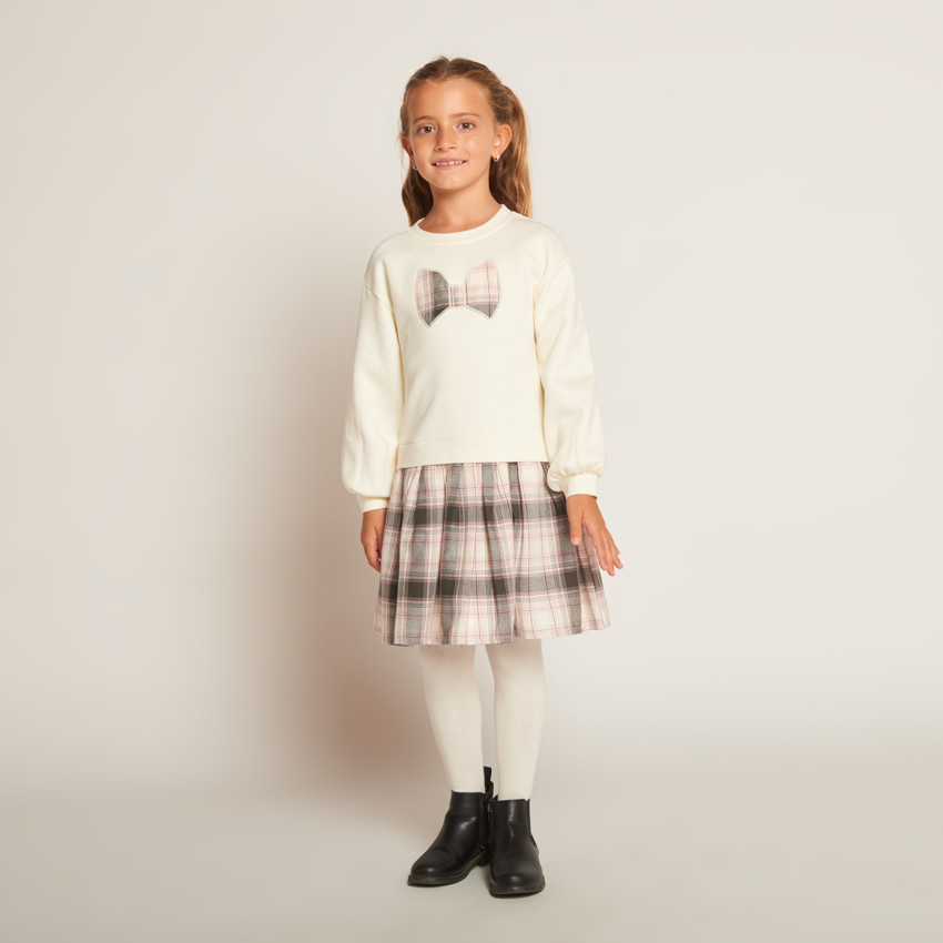 Robe effet 2 en 1 bi-matière motifs carreaux pour fille  