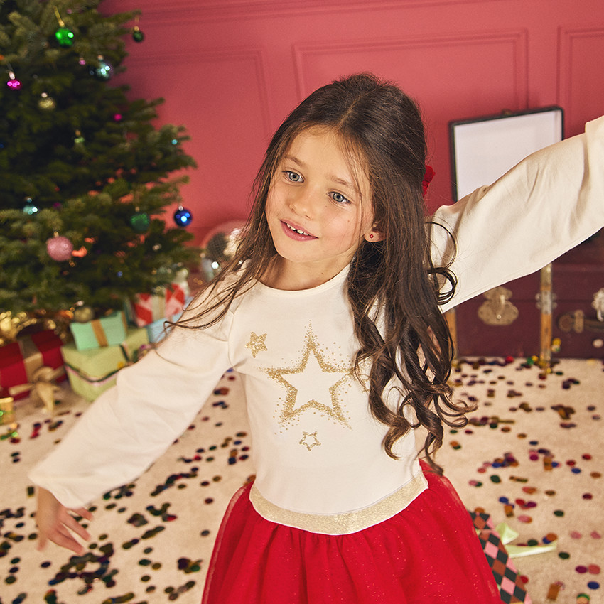 Φόρεμα γιορτής μακρυμάνικο με εφέ 2 σε 1 από δύο υφάσματα για κορίτσι 