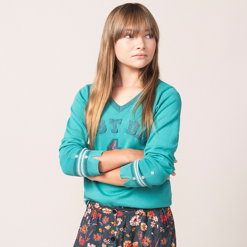 Παιδικά - Πλεκτό πουλόβερ με μεταλλιζέ φράση και πούλιες 